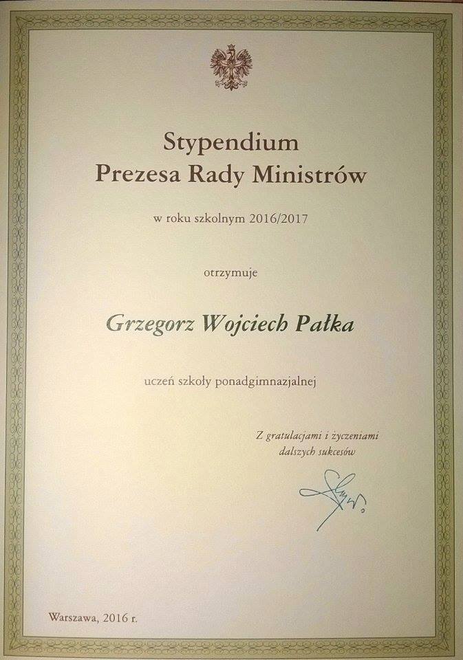 Grzegorz Pałka -  Stypendystą Prezesa Rady Ministrów